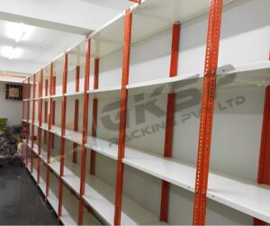 Open Slotted angle racks , white and orange colour, ivory sheets and orange angles