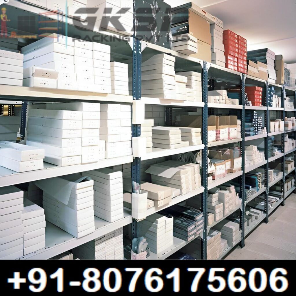 Slotted angle racks with boxes stored on them these racks are made as per the reqirement of the customer, here the colour of the storage rack is industrial grey. Storage Racks