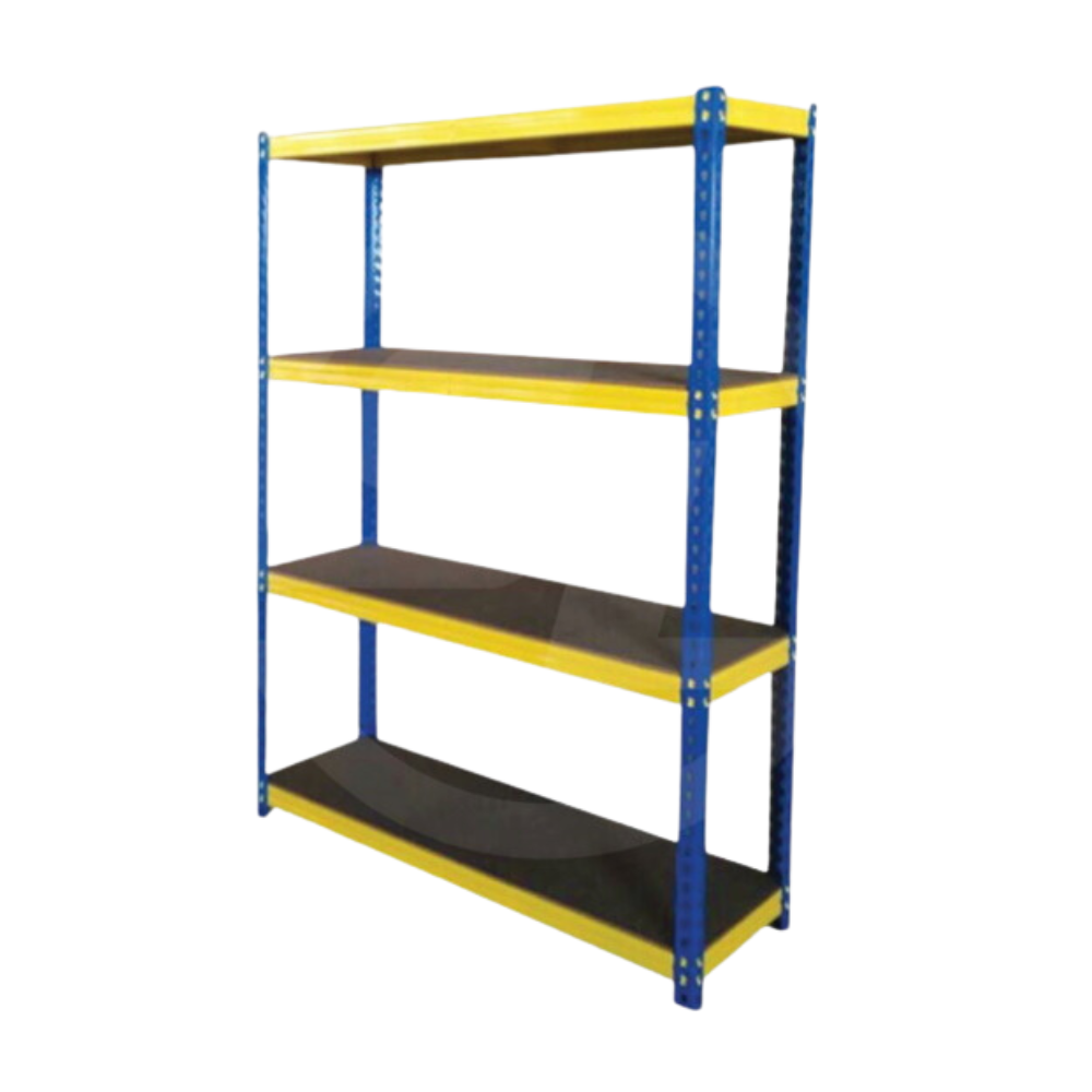 A basic Boltless Rack industrial storage shelf unit with four shelving levels. Blue vertical support posts. Yellow horizontal shelf supports and edges. Dark-colored shelf surfaces. A simple, sturdy construction typical of warehouse shelving. The unit is approximately head-height or taller. Open back and sides allowing access from multiple directions.