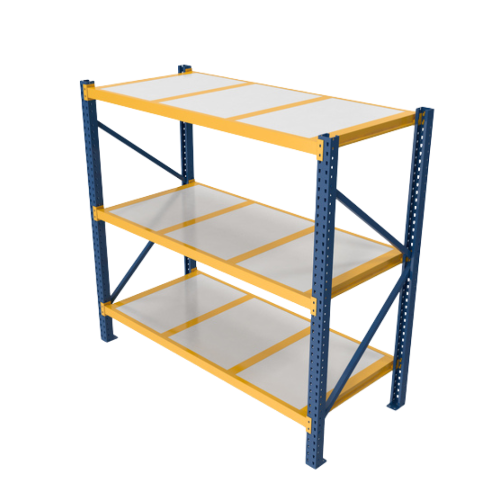 Presents a heavy duty  Pallet Rack industrial storage rack blue vertical posts and cross-bracing. Yellow horizontal beams and shelf frames. White/light grey shelf surfaces. Three shelf levels. Wider and more robust construction than the previous shelving units. Designed for heavier Industrial loads and warehouse use. Cross-bracing at the back for additional stability. The shelves appear to be sectioned into multiple panels.